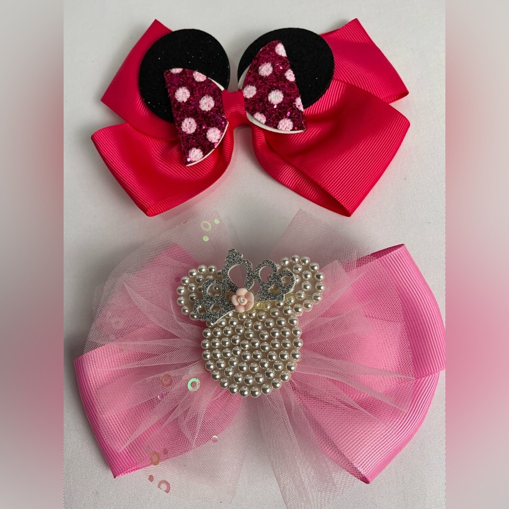 2 Mickey Mouse Minnie Mouse Pink and  Red Hair Bows with hair bows and sequins